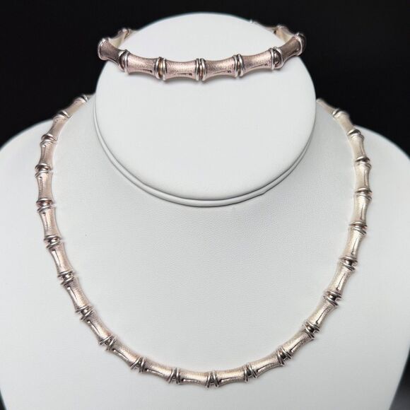 Vintage Sterling Silver Bamboo Link Choker Necklace & Bracelet Set 925 Italy 17" - Picture 7 of 16